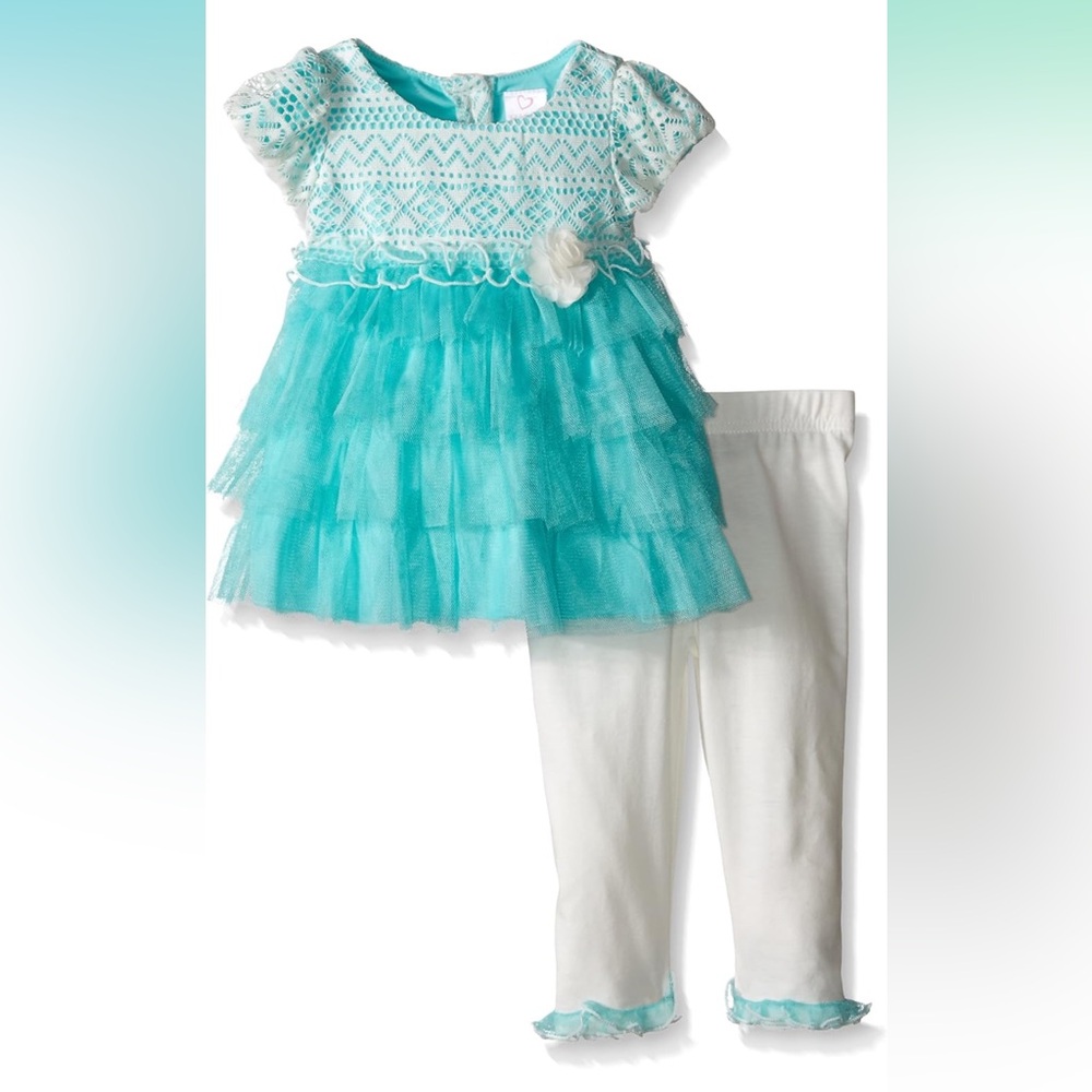 NWT Youngland Baby Girls' Crochet Lace To Tiered Chiffon Dress and Legging Set
